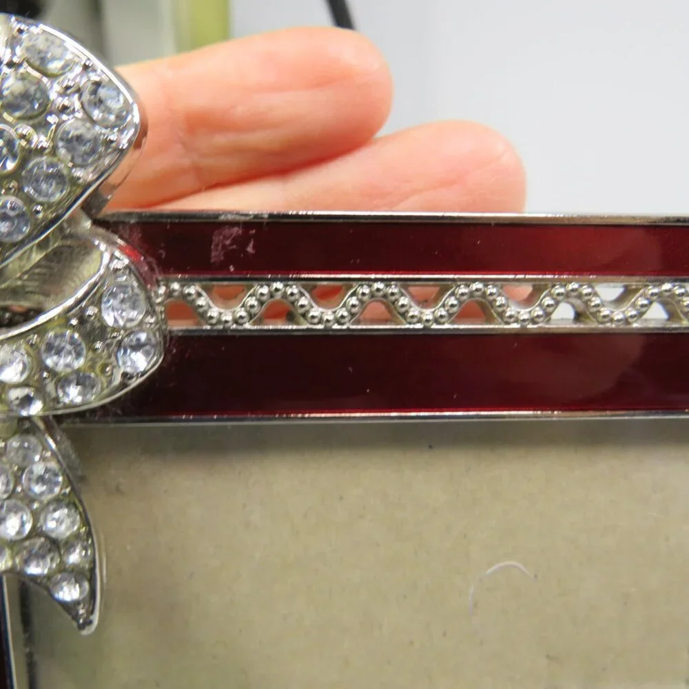 Red Enamel Metal w Rhinestone BOW Picture Frame w silver accents